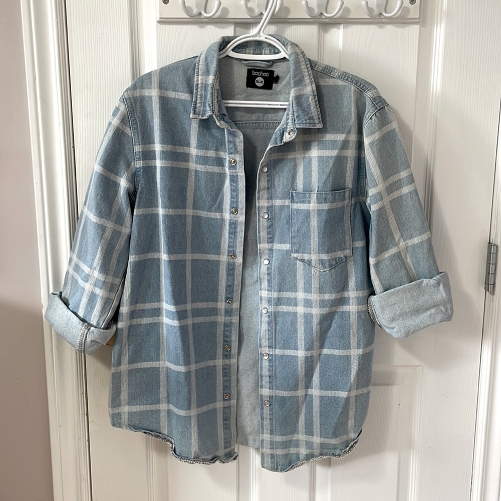 Boohoo Blue and White Denim Button Down Shirt